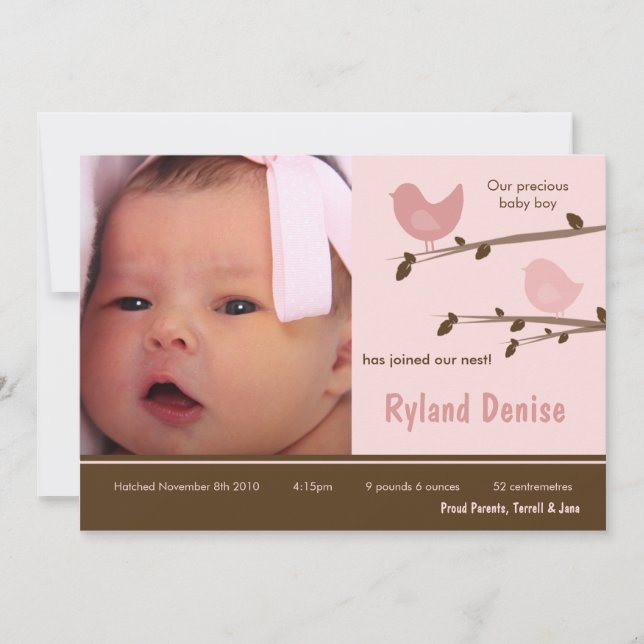 5x7 Baby Girl Pink Birds Photo Birth Announcement (Front)