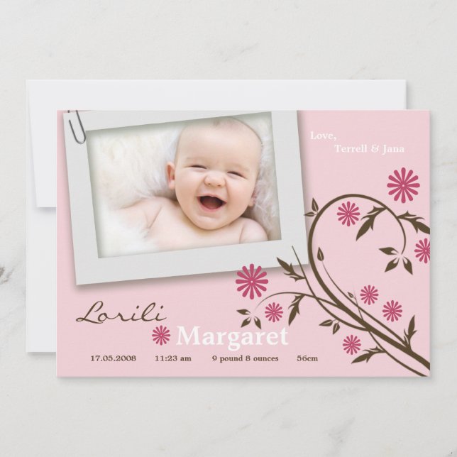 5x7 Baby Girl Pink Floral Photo Birth Announcement (Front)