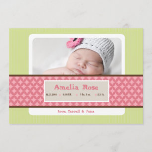 5x7 Baby Girl Pink Green Photo Birth Announcement