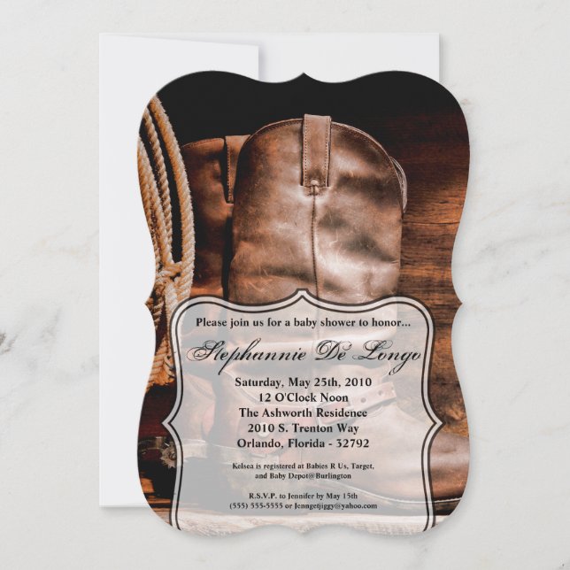 5x7 Baby Shower Invitation Cowboy Boots Barn Wood (Front)