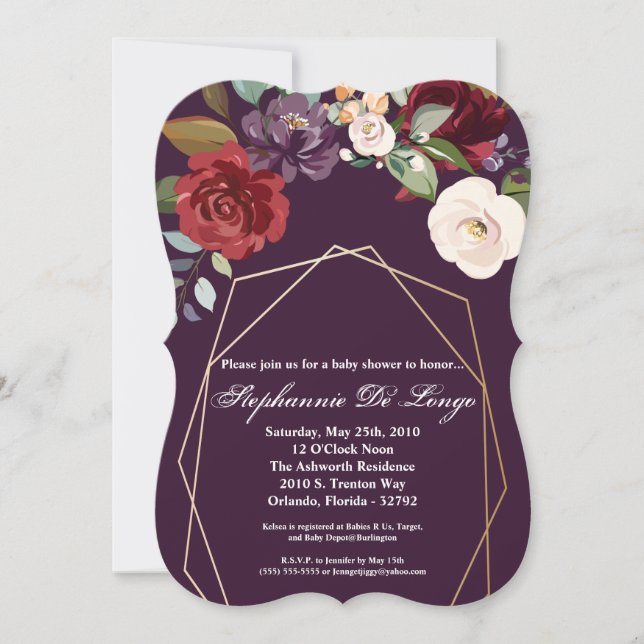 5x7 Baby Shower Invitation Plum Purple Roses Gold (Front)