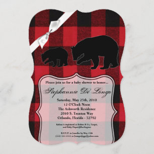 5x7 Baby Shower Invitation Red Buffalo Plaid Bear