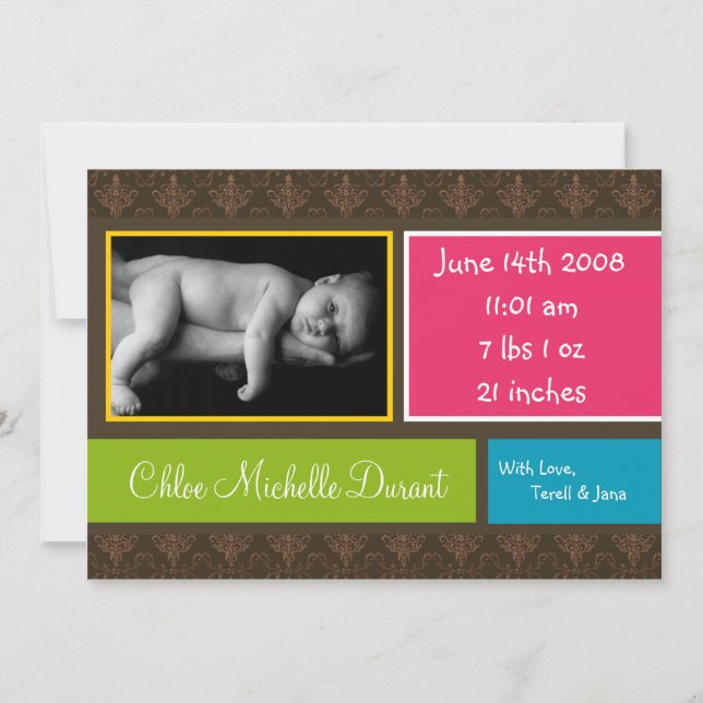 5x7 BabyGirl Brown Damask Photo Birth Announcement (Front)