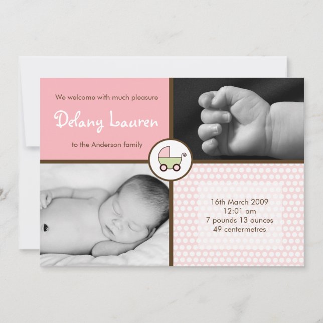 5x7 BabyGirlPink Stroller Photo Birth Announcement (Front)