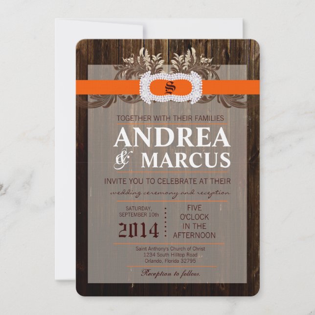 5x7  Barn Wood Diamond Ribbon Wedding Invitation (Front)