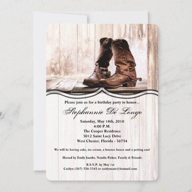5x7 Birthday Invitation boots country rustic weste (Front)