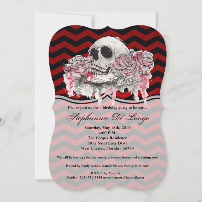 5x7 Birthday Invitation skull Rose goth Chevron re (Front)