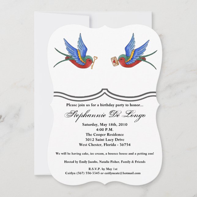 5x7 Birthday Invitation Traditional Bird Tattoo Sp (Front)
