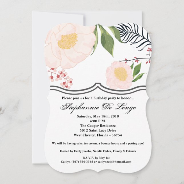 5x7 Birthday Invitation White Floral Flowers on Wh (Front)