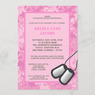 5x7 Birthday Party Invitation Pink ARMY Camo ACU