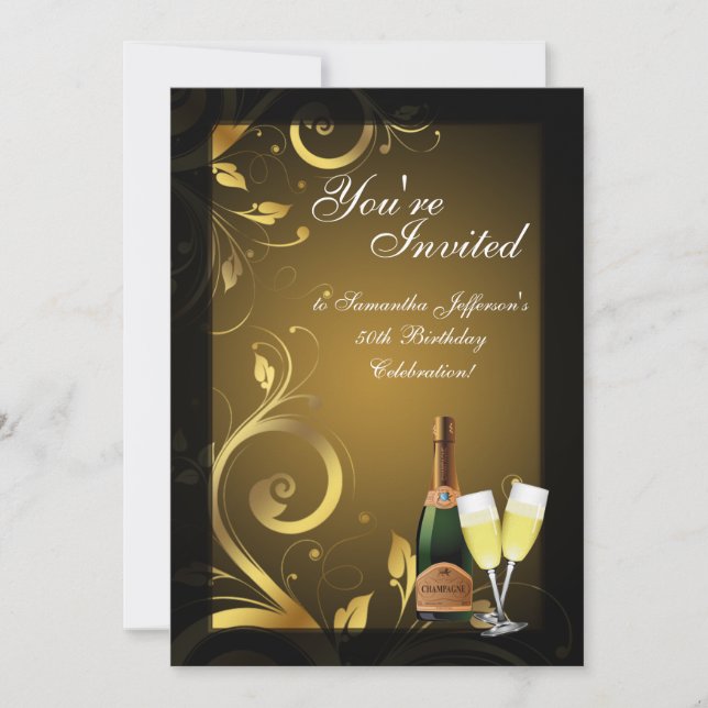 5x7 Black and Gold Swirl, Custom Birthday Party Invitation (Front)