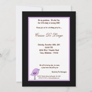 5x7 Black Bird Birthday Party Invite