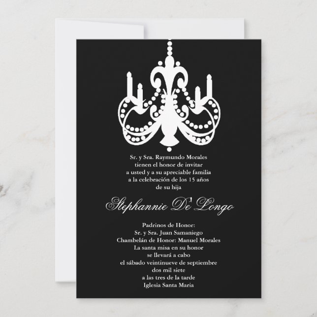 5x7 Black Chandelier Quinceanera Party Invitation (Front)