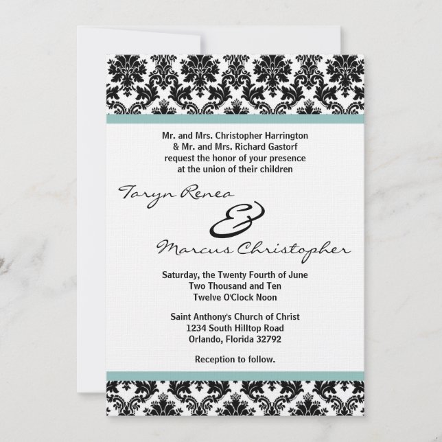 5x7 Black Damask Blue Linen Wedding Invite (Front)