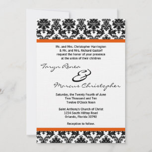 5x7 Black Damask & Orange Linen Wedding Invitation