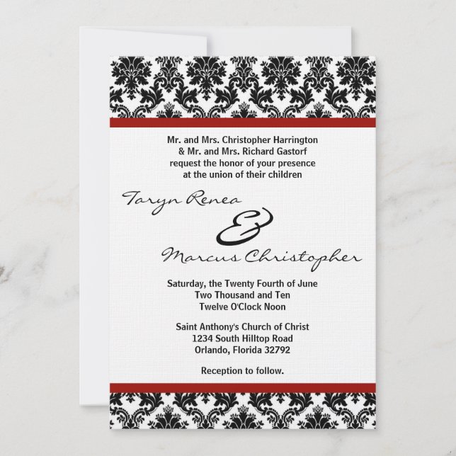 5x7 Black Damask Red Crim Linen Wedding Invitation (Front)