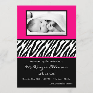 5x7 Black Hot Pink Zebra PHOTO Birth Announcement