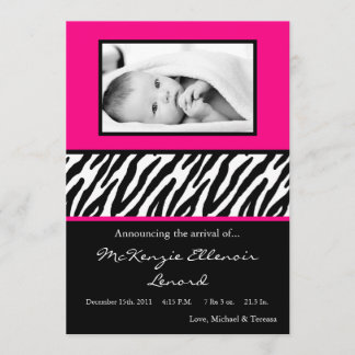 5x7 Black Hot Pink Zebra PHOTO Birth Announcement