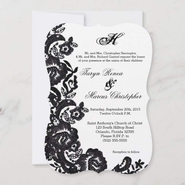 5x7 Black Lace Damask Antique Wedding Invitation (Front)