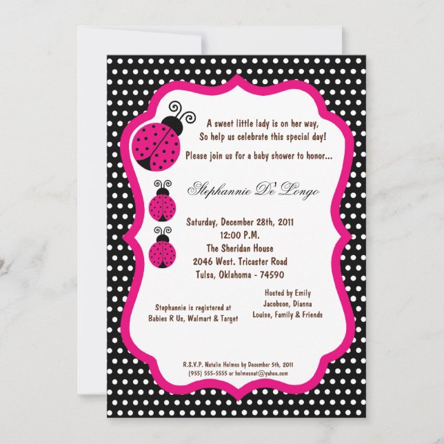 5x7 Black Lady Bug Baby Shower Invitation (Front)