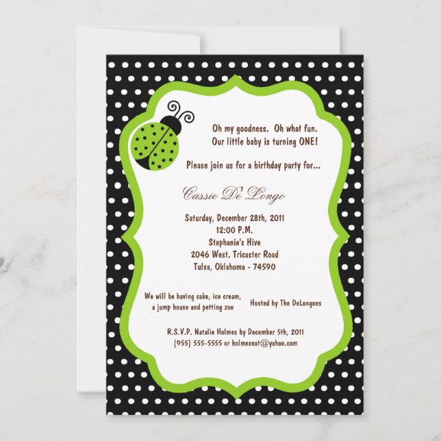 5x7 Black Lady Bug Birthday Party Invite (Front)