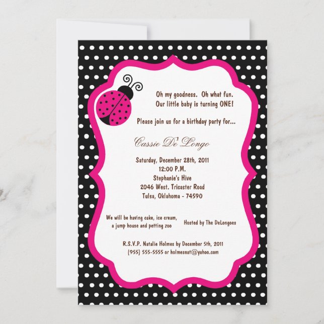 5x7 Black Lady Bug Birthday Party Invite (Front)