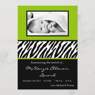 5x7 Black LimeGreen Zebra PHOTO Birth Announcement