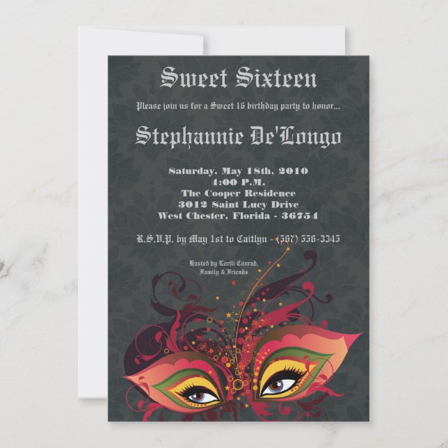 5x7 Black Masquerade Sweet 16 Birthday Invitation (Front)