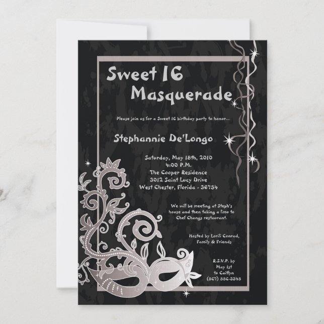 5x7 Black Masquerade Sweet 16 Birthday Invitation (Front)