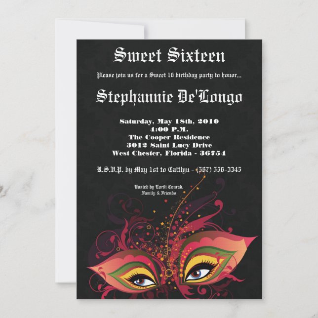 5x7 Black Masquerade Sweet 16 Birthday Invitation (Front)