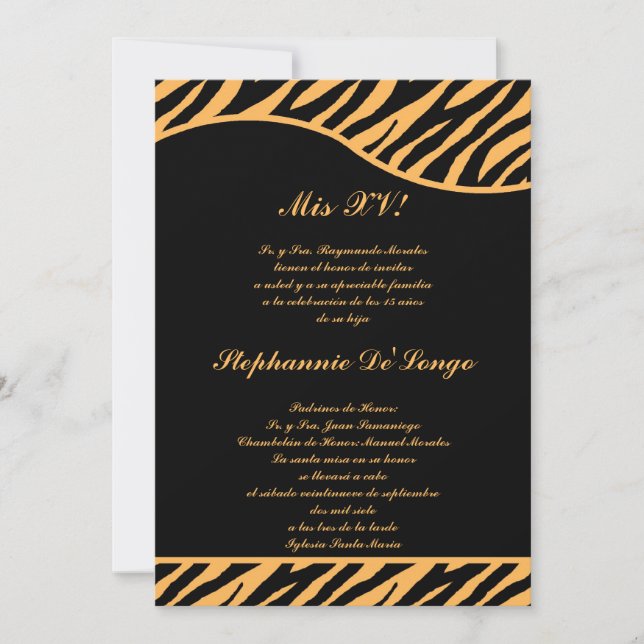 5x7 Black Orange Tiger Quinceanera Party Invite (Front)