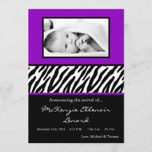 5x7 Black Purple Zebra PHOTO Birth Announcement
