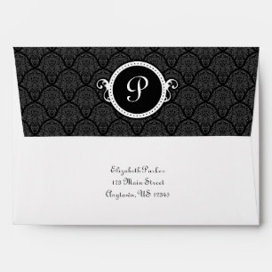 5x7 Black White Damask Monogram Return Address Envelope