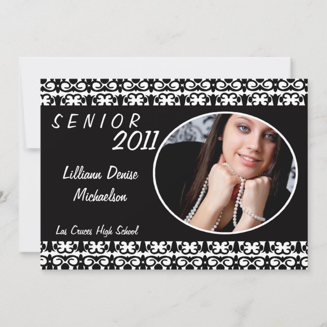 5x7 Black White Damask Photo Senior Announcement (Front)