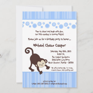 5x7 Blue Boy Pop Monkey Birthday Invitation