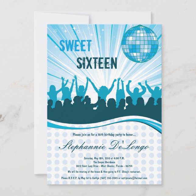 5x7 Blue Dance Party 16th Birthday Invitation (Front)