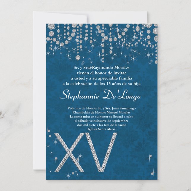 5x7 Blue Diamond Quinceanera Birthday Invitation (Front)