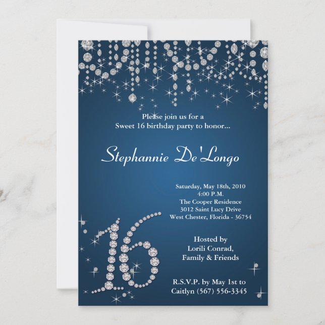 5x7 Blue Diamond Sweet 16 Birthday Invitation (Front)