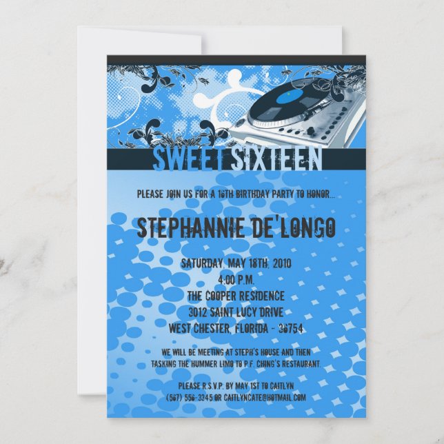 5x7 Blue DJ Spin Turntable16th Birthday Invitation (Front)