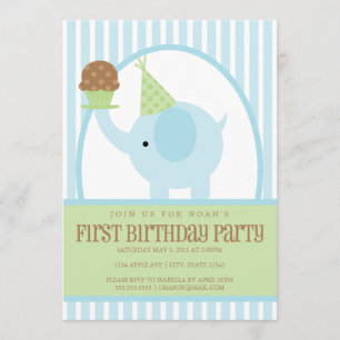 5x7 Blue Elephant Birthday Invitation