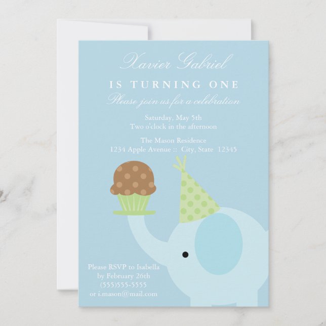 5x7 Blue Elephant Birthday Invitation (Front)