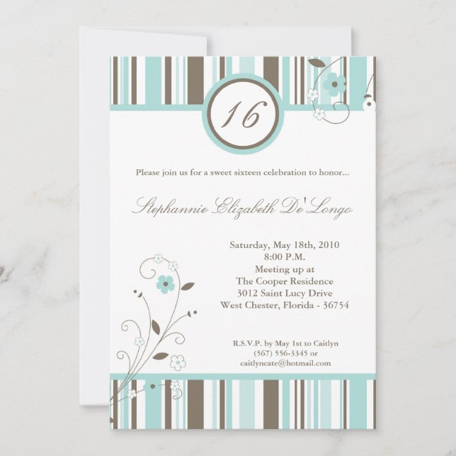 5x7 Blue Flower Sweet 16 Birthday Party Invitation (Front)