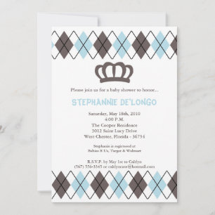 5x7 Blue Grey Argyle Crown Baby Shower Invitation