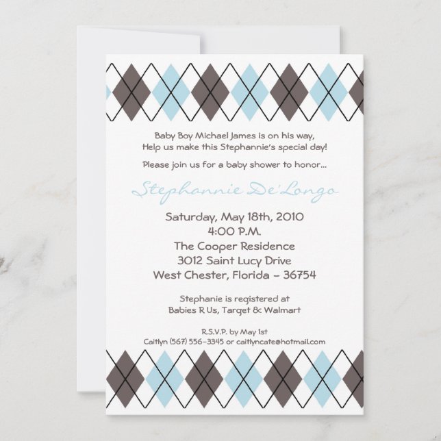 5x7 Blue Grey Argyle Punk Baby Shower Invitation (Front)