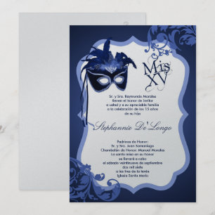 5x7 Blue Masquerade Mask Quinceanera Invitation