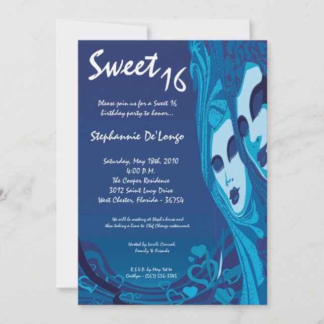 5x7 Blue Masquerade Sweet 16 Birthday Invitation (Front)