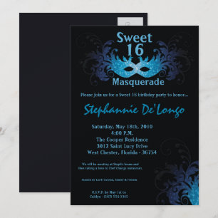 5x7 Blue Masquerade Sweet 16 Birthday Invitation