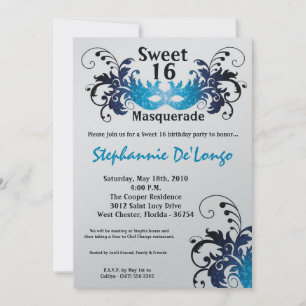 5x7 Blue Masquerade Sweet 16 Birthday Invitation