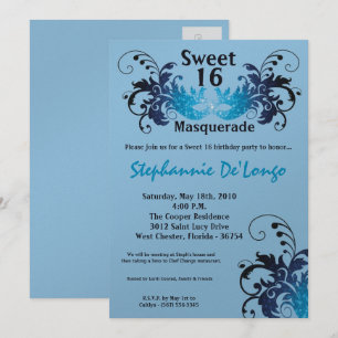 5x7 Blue Masquerade Sweet 16 Birthday Invitation