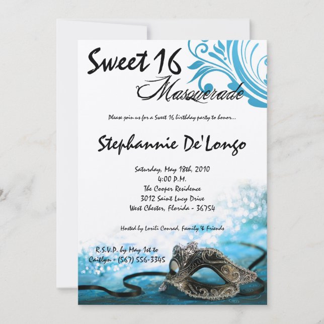 5x7 Blue Masquerade Sweet 16 Birthday Invitation (Front)